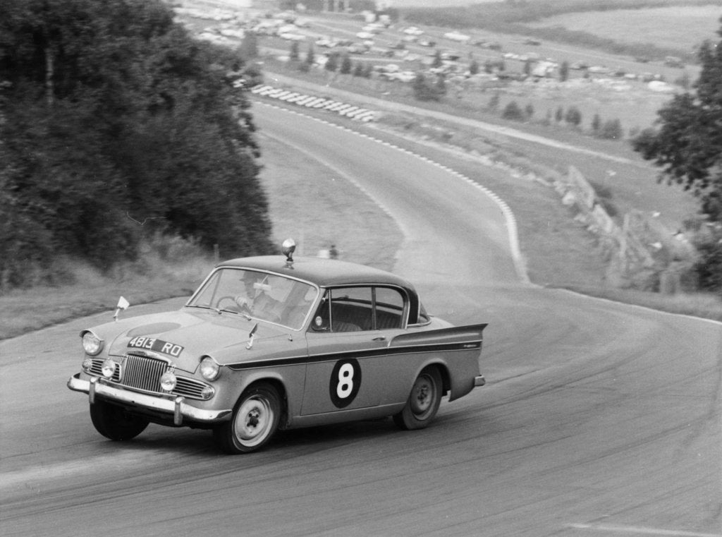 Detail of Sunbeam Rapier racing at Brands Hatch, Kent, 1961 by Unknown