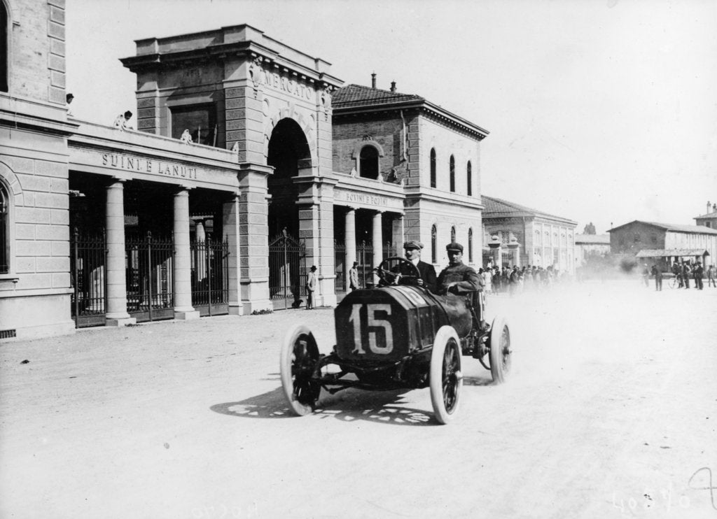 Detail of Louis Wagner driving a Fiat, Coppa Fiorio motor race, Bologna, Italy, 1908 by Unknown