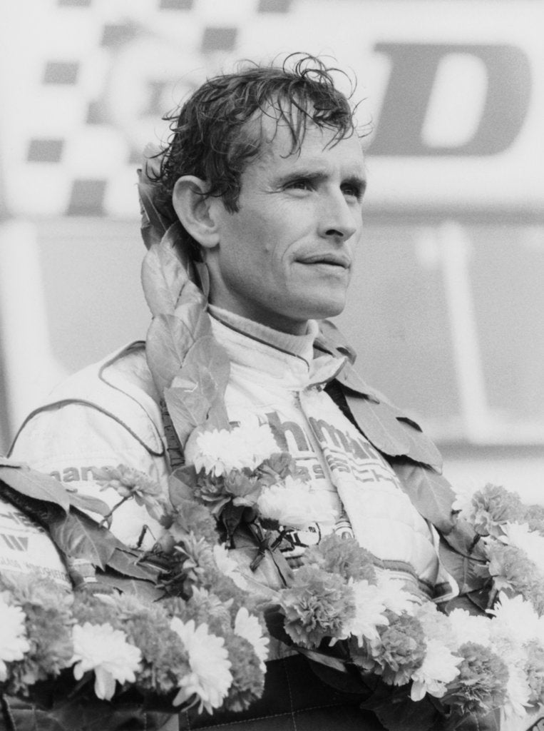 Detail of Jacky Ickx after winning the Silverstone 1000km, 1985 by Unknown