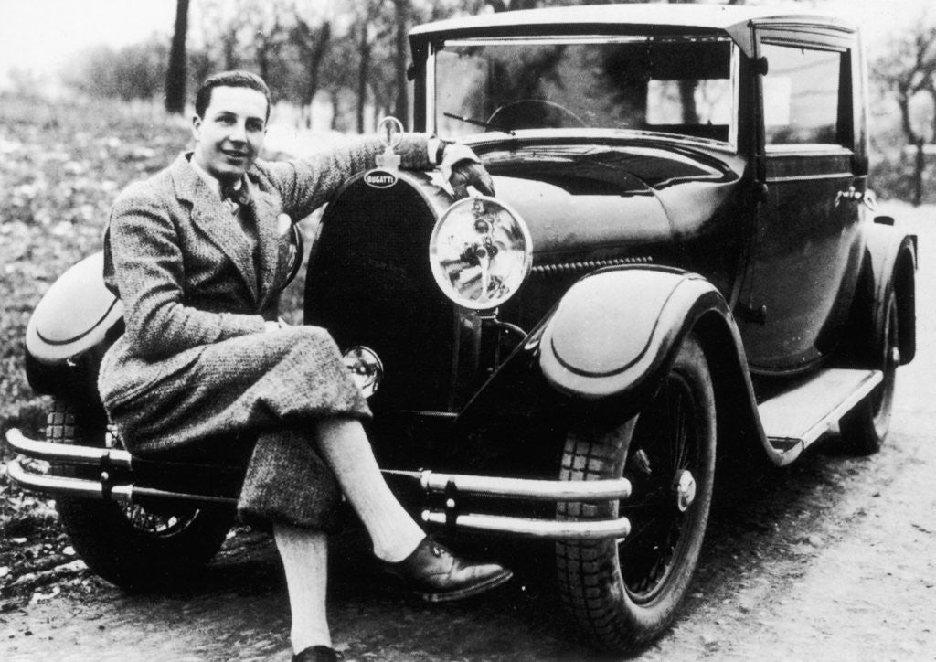 Detail of Jean Bugatti pictured with a Bugatti car by Anonymous