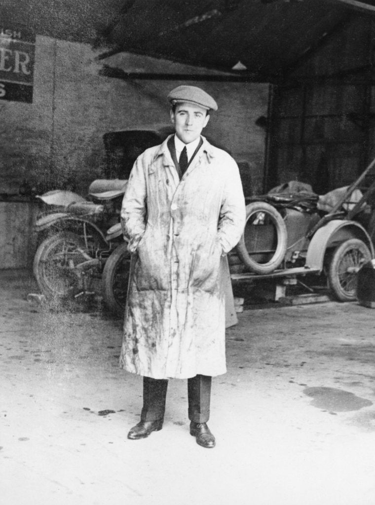 Detail of DF Bentley standing in front of a Bentley car, 1921 by Unknown