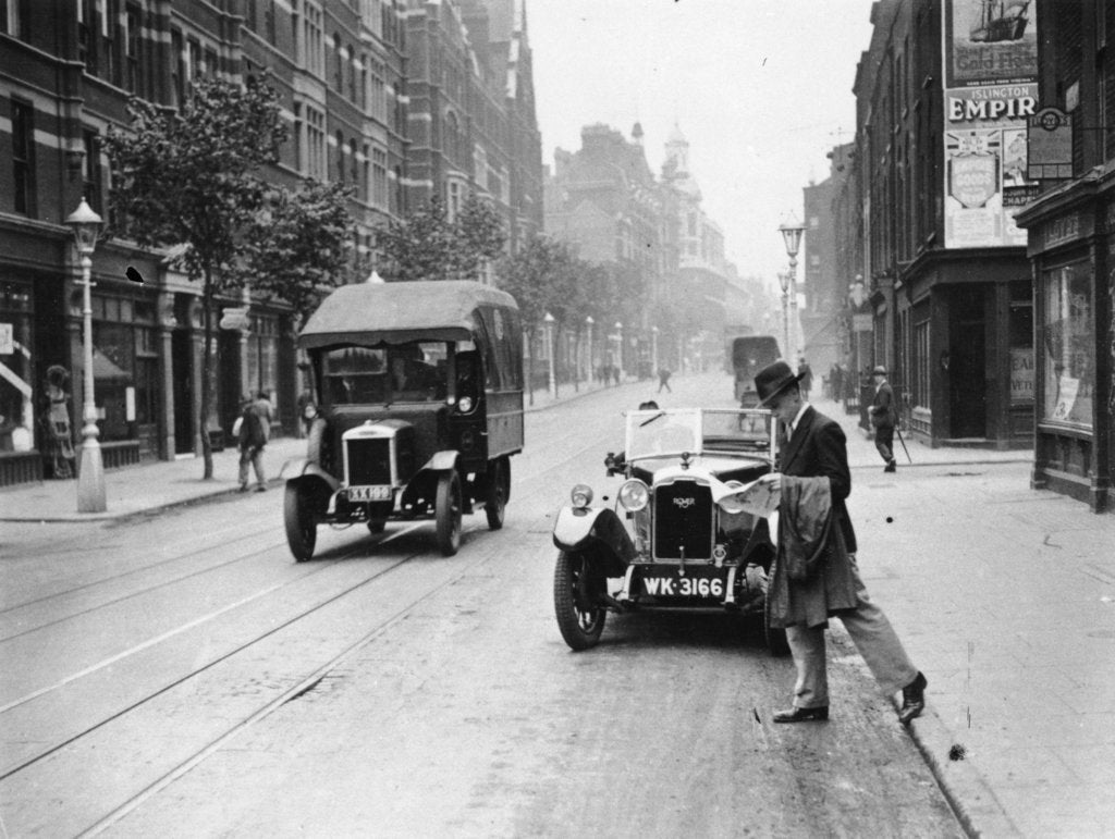 Detail of A Rover 1928 10/25 HP sports car parked in a London street, 1931 by Unknown