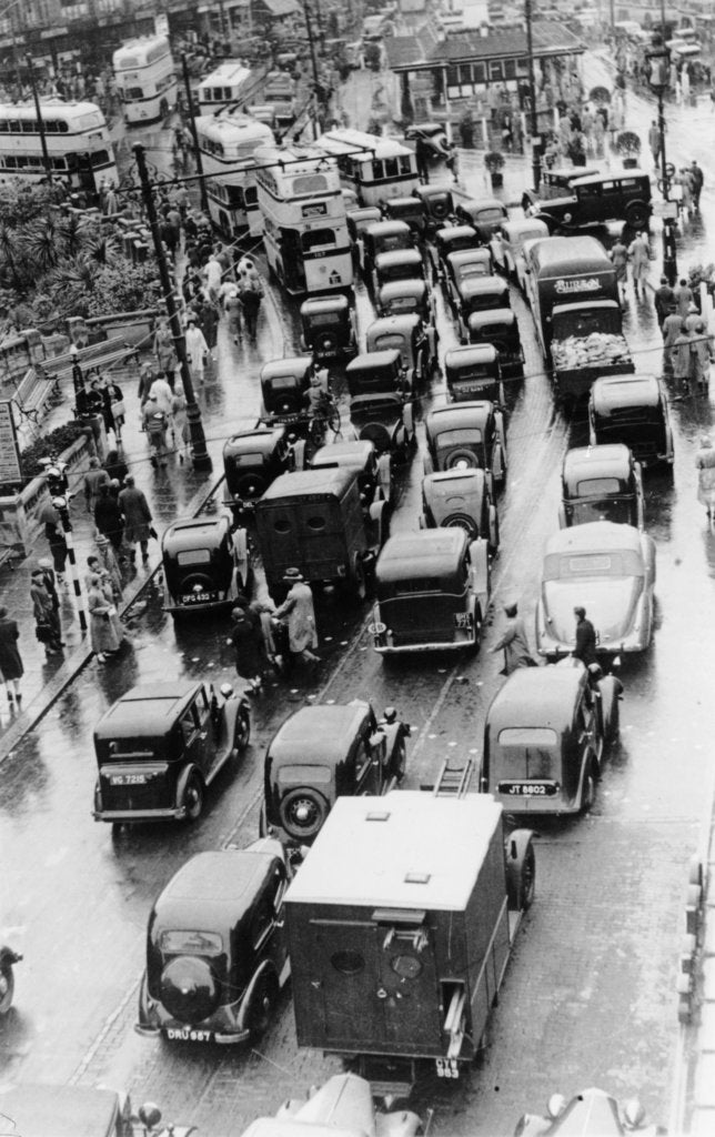 Detail of May Bank Holiday traffic, Bournemouth, 1939 by Unknown