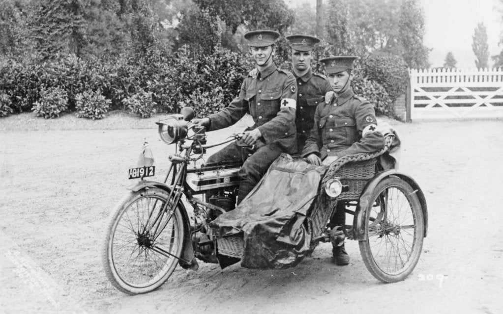 Detail of Three soldiers on a bicycle and sidecar, (WWI?) by Unknown