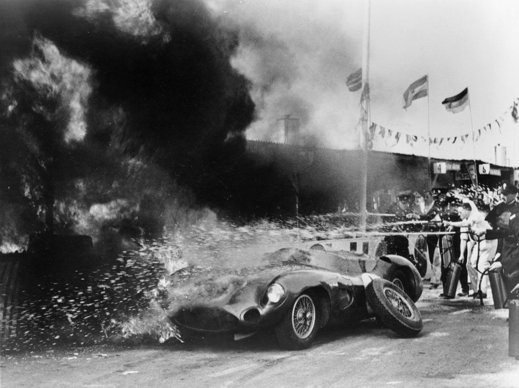 Detail of Aston Martin DBR1 on fire by Anonymous