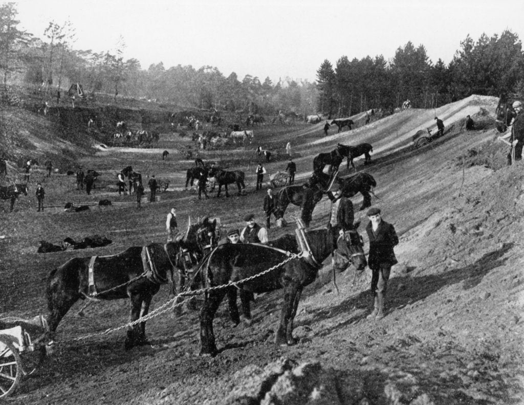 Detail of Brooklands motor racing circuit under construction, Surrey, c1906-c1907 by Unknown