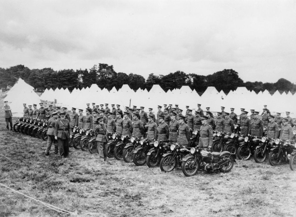 Detail of Sir Malcolm Campbell inspecting Territorial Army motorcycle reservists, c1938 by Unknown