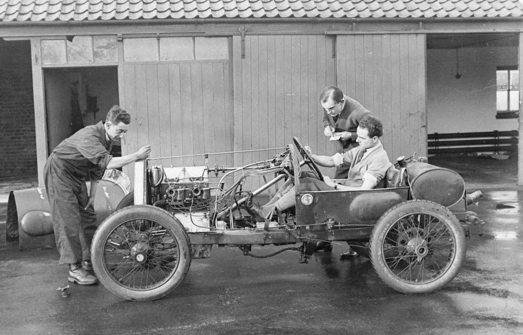 Detail of Amherst Villiers and a mechanic taking the revs of a Bugatti Cordon Rouge by Anonymous