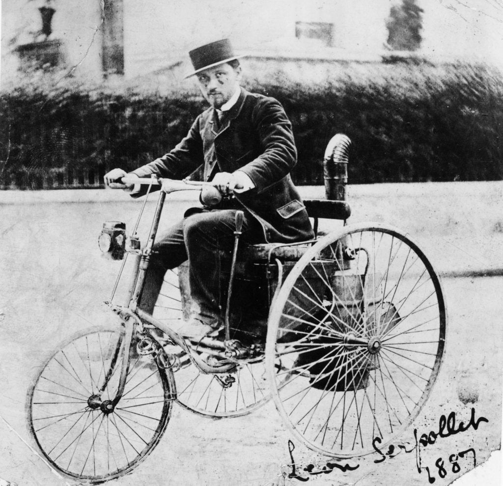 Detail of Leon Serpollet on his first steam tricycle, 1887 by Unknown