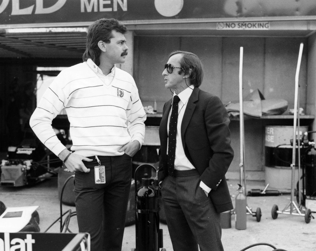 Detail of Gordon Murray (on the left) with Jackie Stewart, July 1984 by Unknown