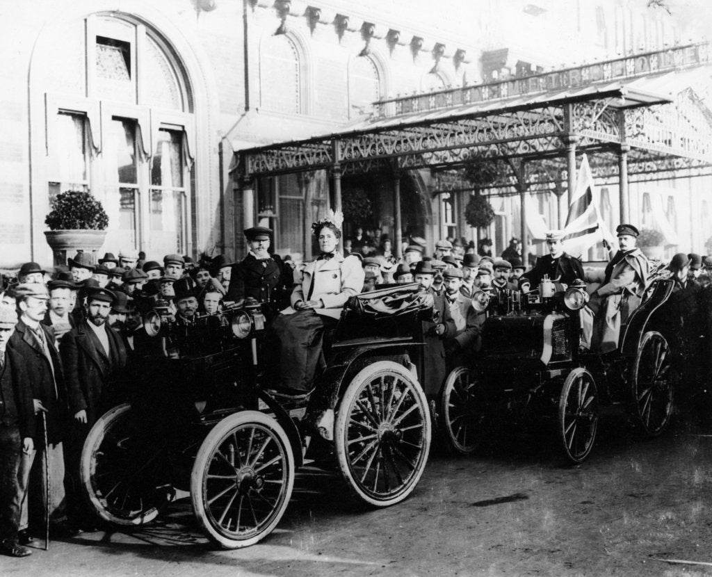 Detail of HJ Lawson and his wife at the start of the Emancipation Run, Brighton, East Sussex, 1896 by Unknown