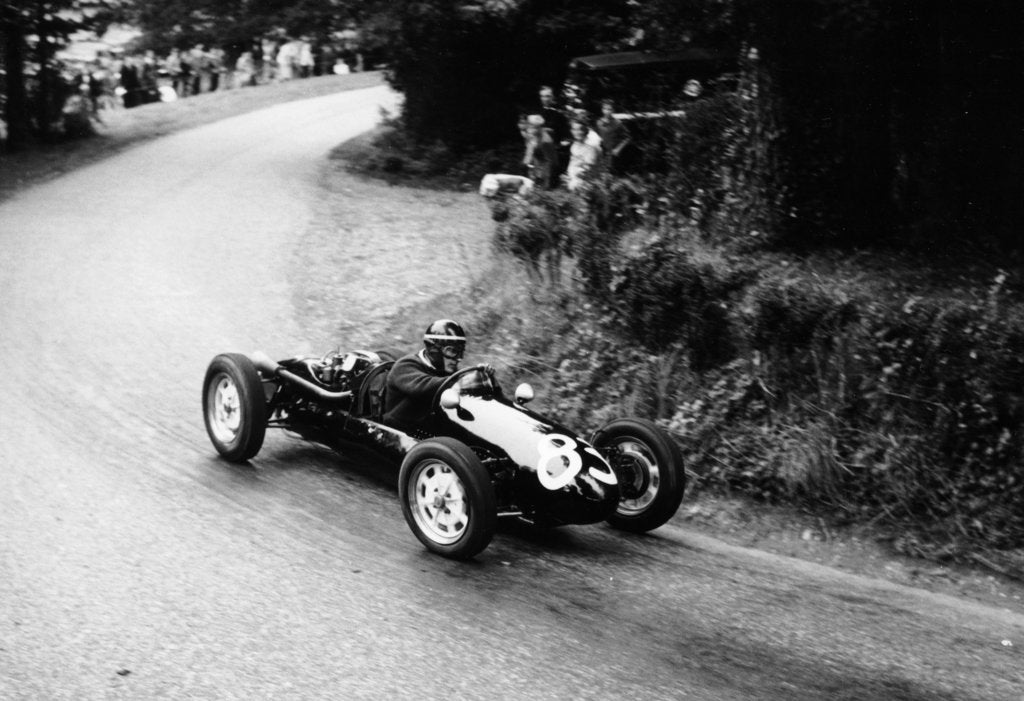 Detail of A racing driver speeding round a bend, Harleyford Hill Climb, Buckinghamshire, (c1950-c1960?) by Unknown
