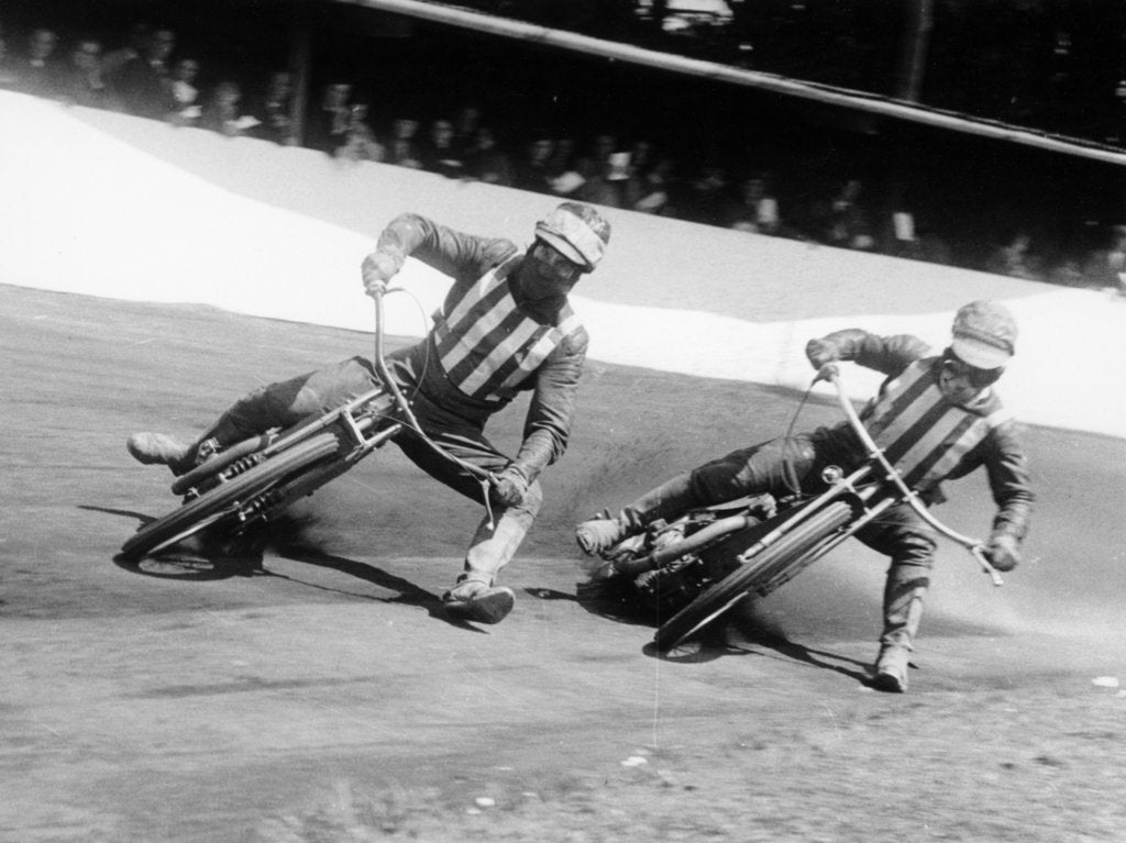 Detail of Dick Bradley (on the left) and Alby Golden at a speedway track, Exeter, c1952-c1953 by Unknown