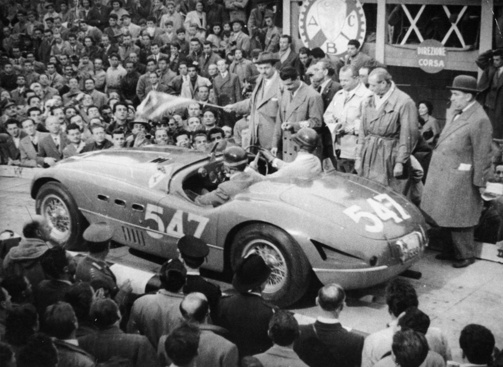 Detail of G Marzotto in a 4.1 Ferrari, taking part in the Mille Miglia, 1953 by Unknown
