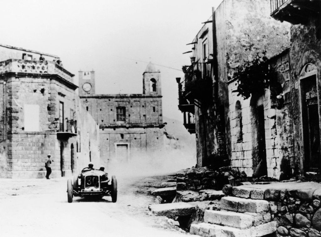 Detail of Achille Varzi in a P2 Alfa Romeo Grand Prix car, in the Targa Florio race, Sicily, 1930 by Unknown