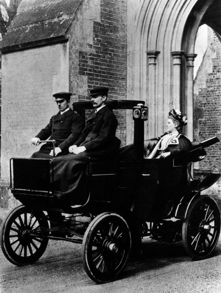 Detail of Two chauffeurs driving a convertible City and Suburban electric car by Unknown