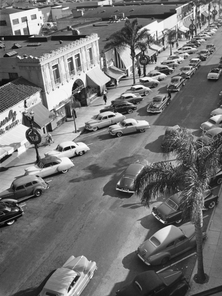 Detail of Street scene with cars parked, USA, c1952 by Unknown