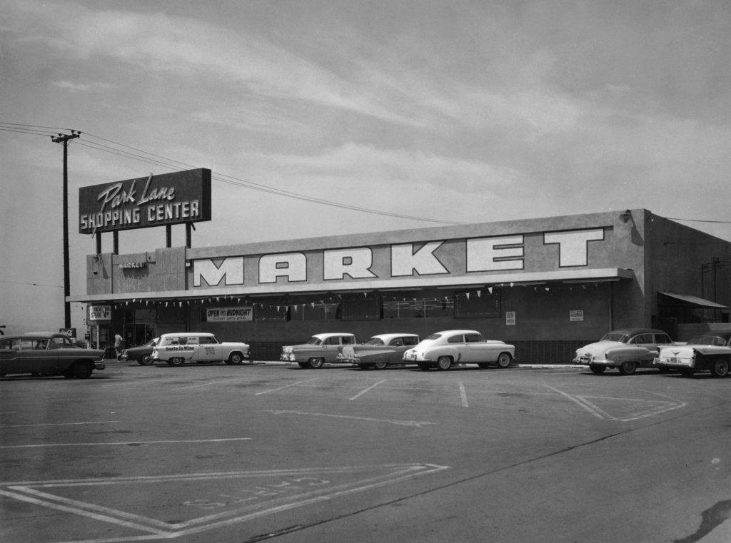 Detail of Cars parked outside a supermarket, USA, c1956 by Unknown