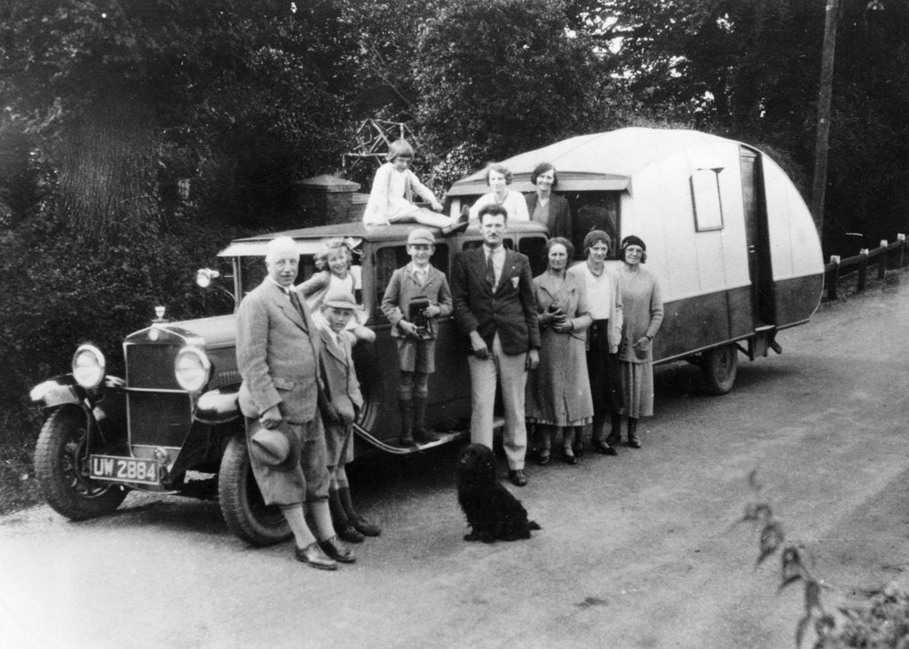 Detail of Family group with their 1930 Fiat towing a caravan, (c1930?) by Unknown