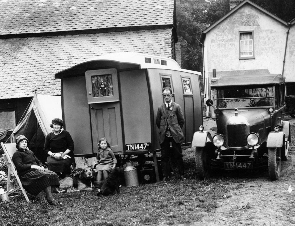 Detail of Family group with a 1925 Morris Oxford 14/28 and caravan, (Eccles, c1926?) by Unknown