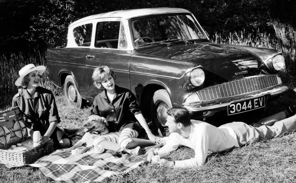 Detail of People picnicking with their 1960 Ford Anglia Deluxe, (1960?) by Unknown