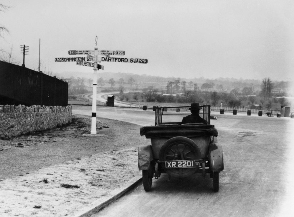 Detail of Car near a road sign, Bromley, Kent, 1920s by Unknown