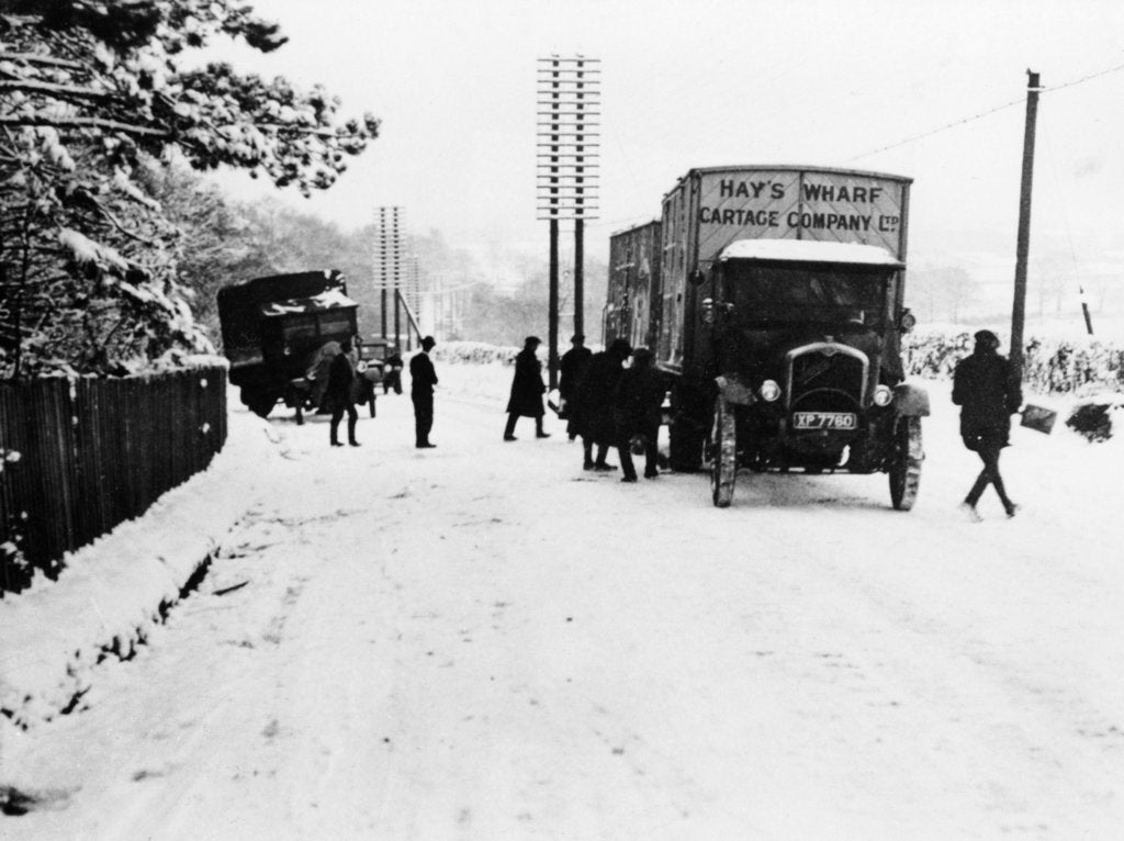 Detail of A Hay's Wharf Cartage Company Ltd van along a snowy A30, near Basingstoke, Hampshire, 1920s by Unknown