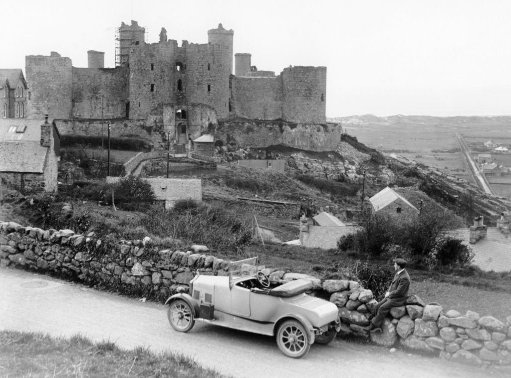 Detail of A Singer car in front of Harlech Castle, Wales, early 1920s by Unknown