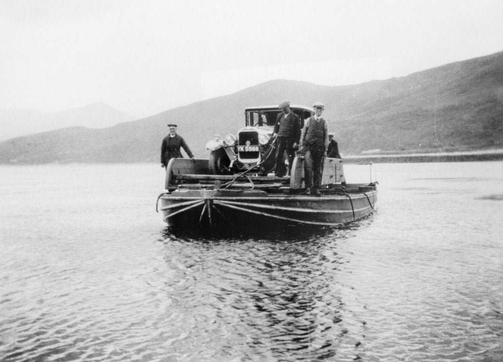 Detail of An early ferry transporting a car across a lake by Unknown