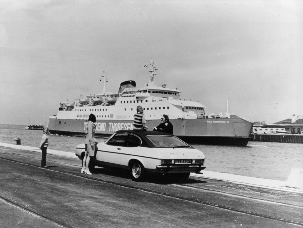 Detail of A 1974 Ford Capri on a quay, in front of a Townsend Thoresen car ferry, 1970s by Unknown