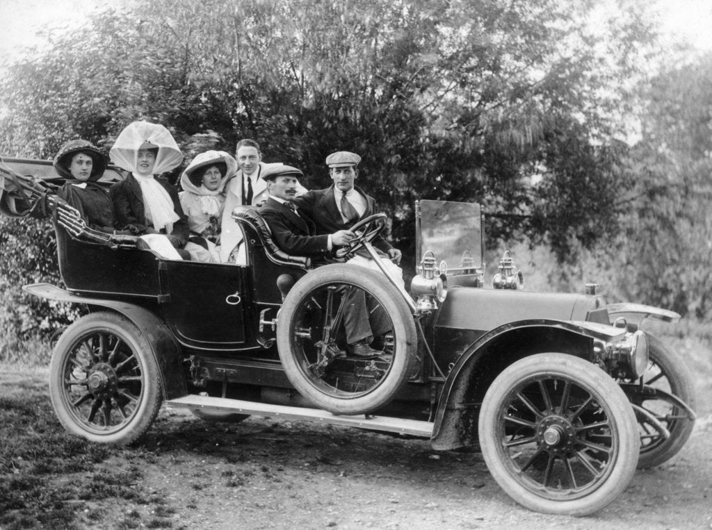 Detail of A group of men and women taking an outing in a 1907 Mercedes, 1908 by Unknown