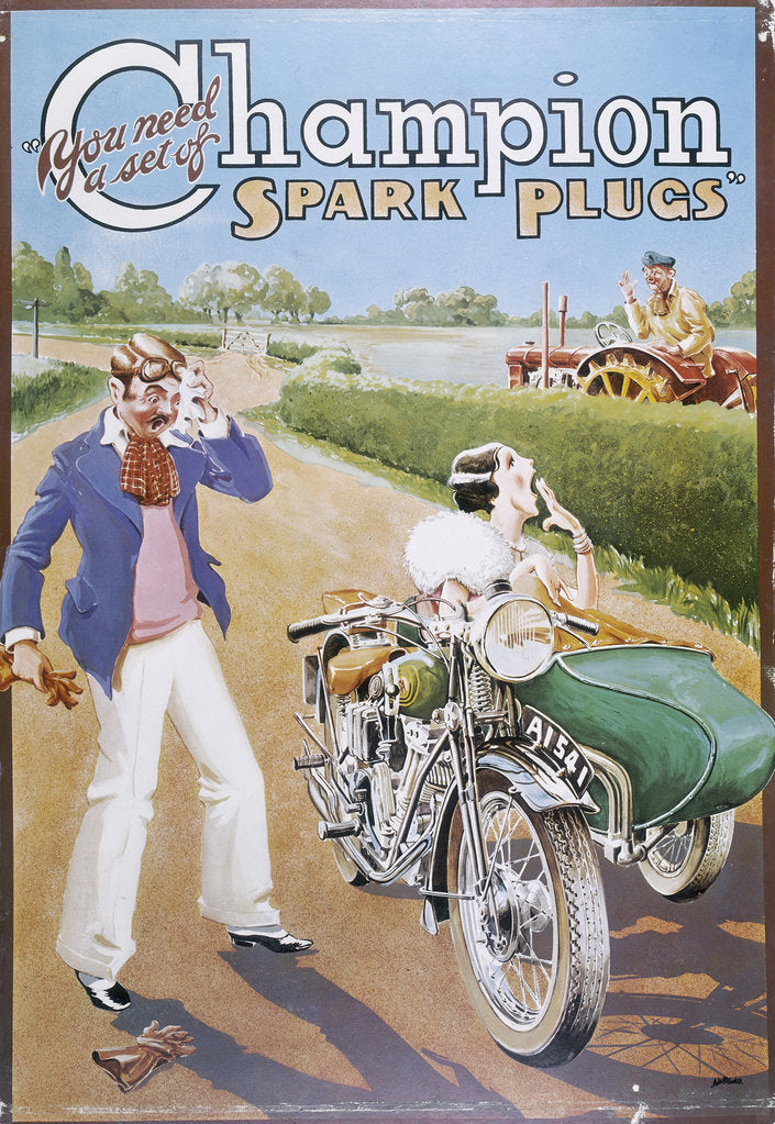 Detail of Poster advertising Champion spark plugs by Unknown