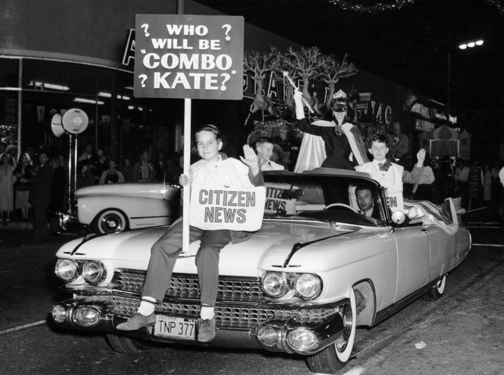 Detail of Fancy dress parade with a 1957 Cadillac, USA, (c1957?) by Unknown