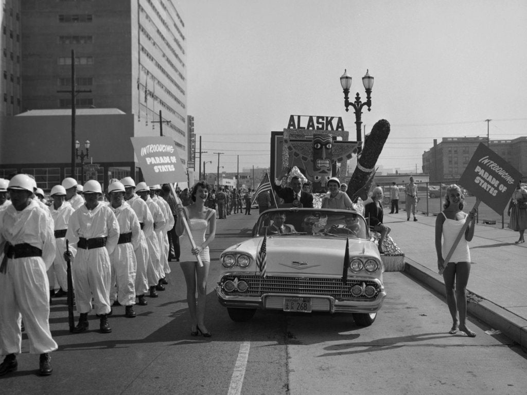 Detail of Models and a Cadillac on a parade, USA, (c1959?) by Unknown