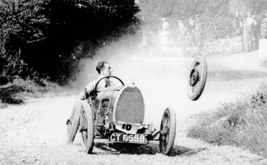 Detail of Raymond Mays' Bugatti loses a wheel, (early 1930s?) by Unknown