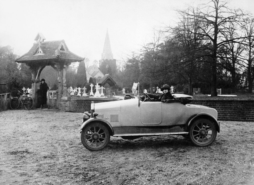 Detail of 1922 11.9 hp Calcott outside a church by Anonymous