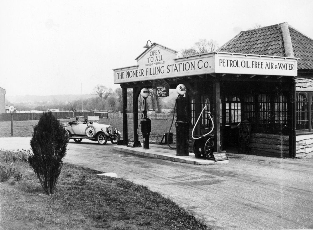 Detail of 1923 10 hp Calcott arriving at a petrol station, (c1923?) by Unknown