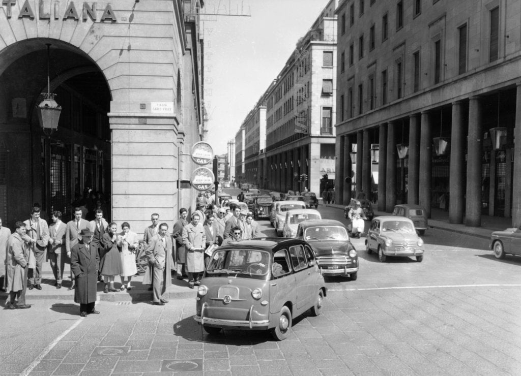 Detail of Fiat 600 Multipla leading a procession of Fiats, Italy, (late 1950s?) by Unknown