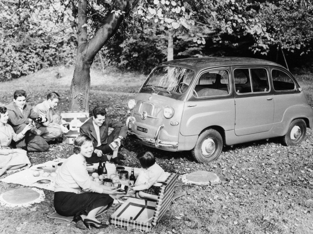 Detail of People enjoying a picnic beside a 1956 Fiat 600 Multipla, (c1956?) by Unknown