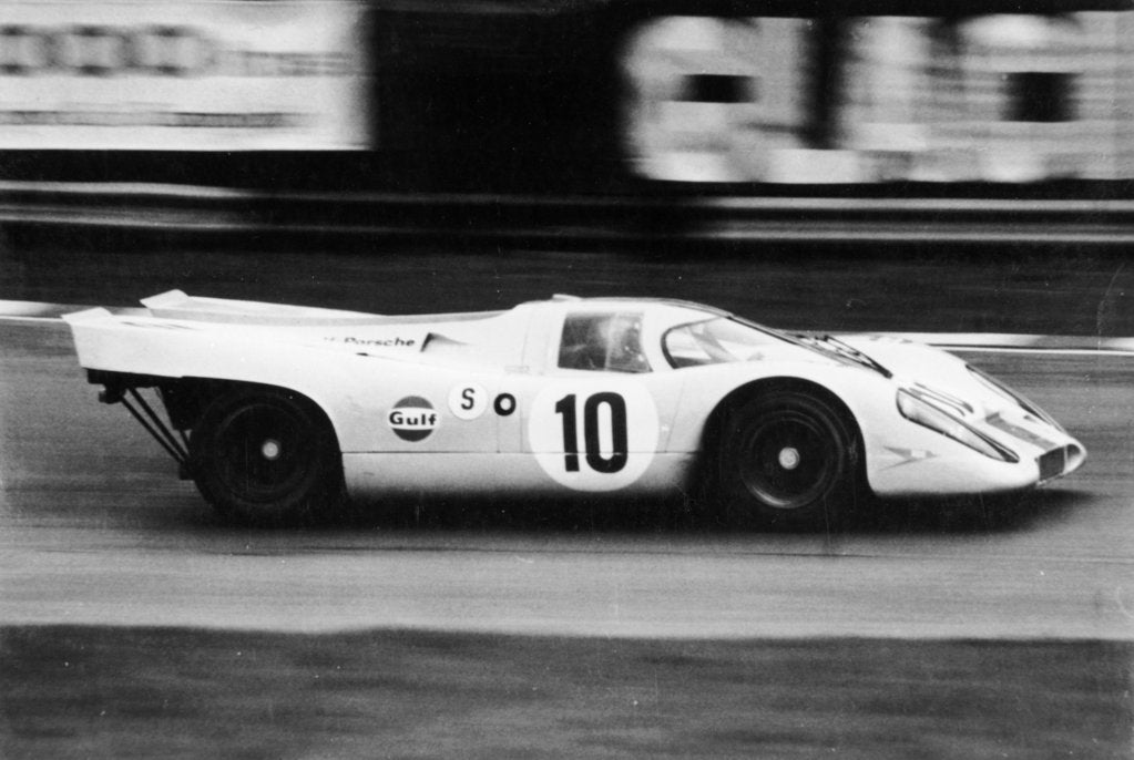 Detail of Gulf Porsche 917 in action, c1970-c1971 by Unknown
