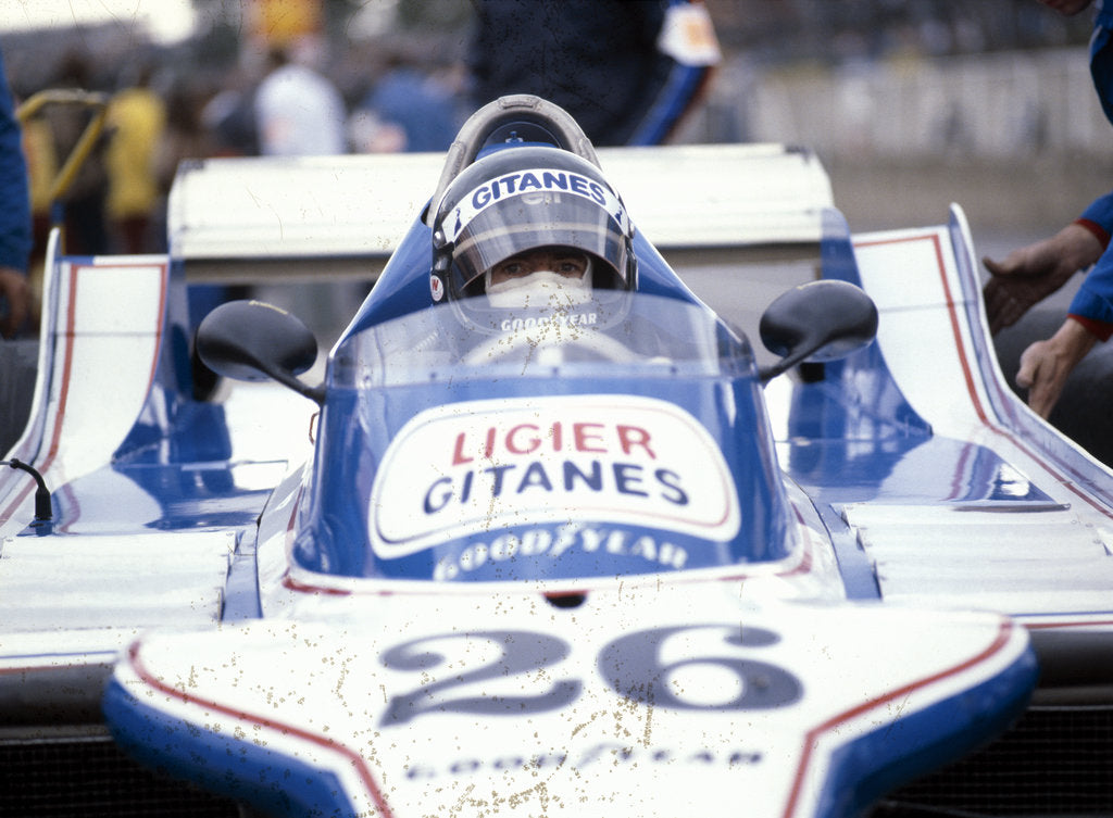 Detail of Jacques Laffite at the wheel of a Ligier-Cosworth, British Grand Prix, Brands Hatch, 1980 by Unknown