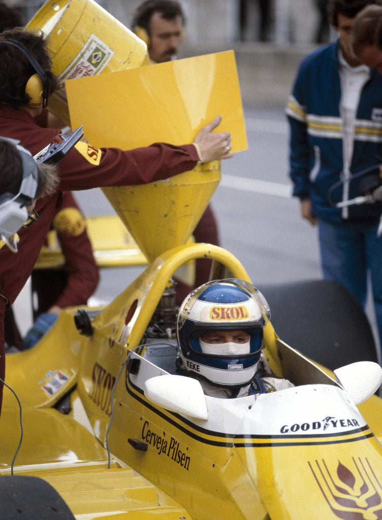 Detail of Keke Rosberg in a Fittipaldi-Cosworth F7, British Grand Prix, Brands Hatch, 1980 by Unknown