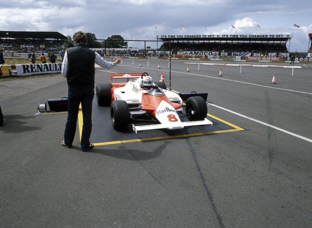 Detail of Andrea de Cesaris in a McLaren-Cosworth MP4, British Grand Prix, Silverstone, 1981 by Unknown