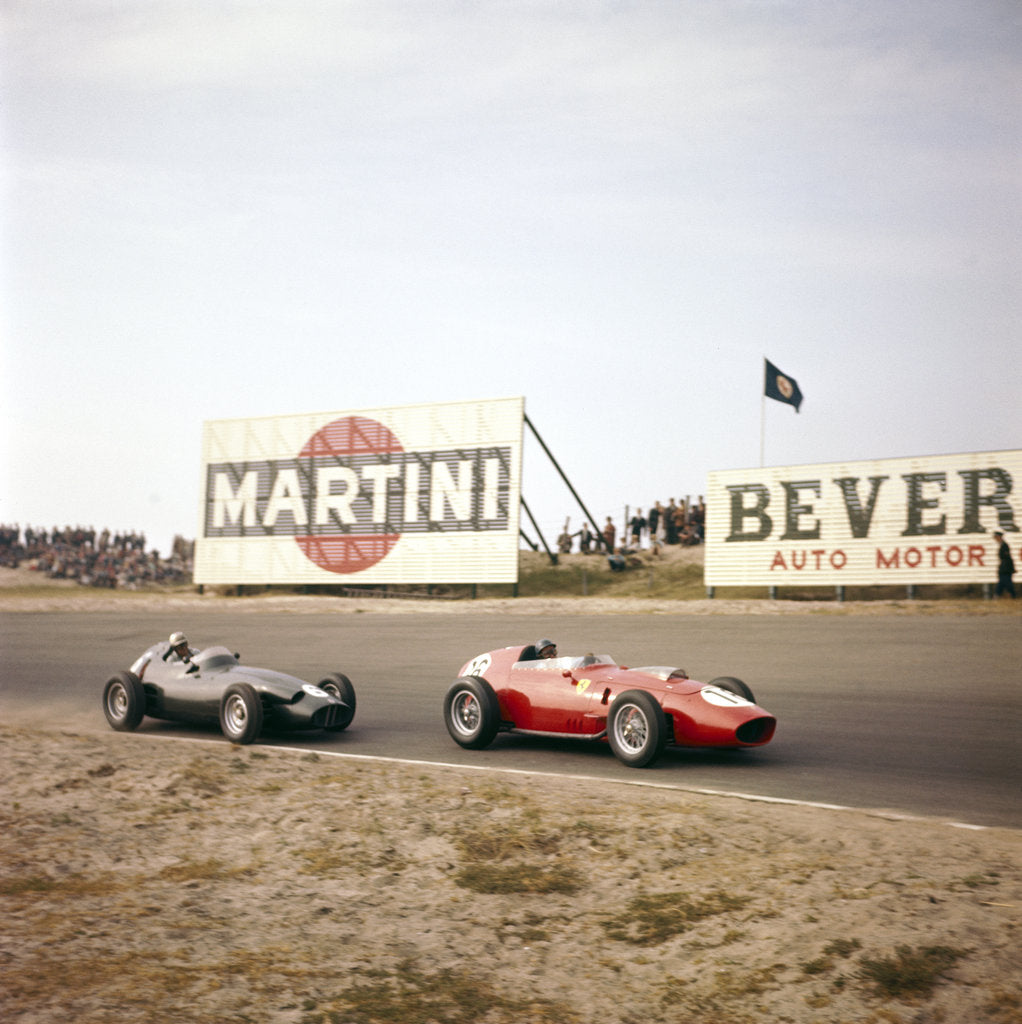 Detail of Two racing cars taking a bend, Dutch Grand Prix, Zandvoort, Holland, 1959 by Unknown