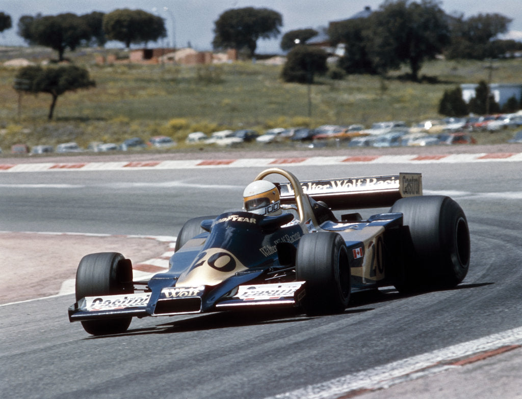 Detail of Jody Scheckter racing a Wolf-Cosworth WR2, Spanish Grand Prix, Jarama, Spain, 1977 by Unknown