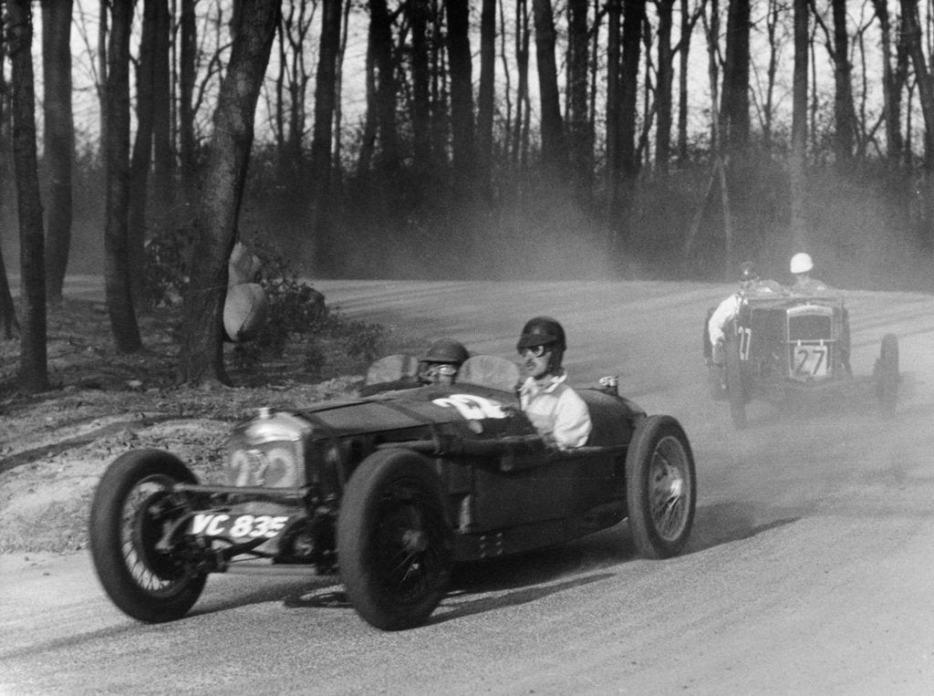 Riley leading a Fraser-Nash through Coppice Corner, Donington Park, Leicestershire, (c1930s?) by Unknown