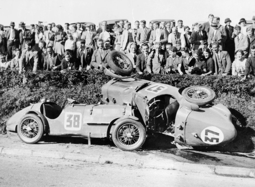 Detail of Two crashed cars from the Singer Nine team, possibly at a TTrace, 1935 by Unknown