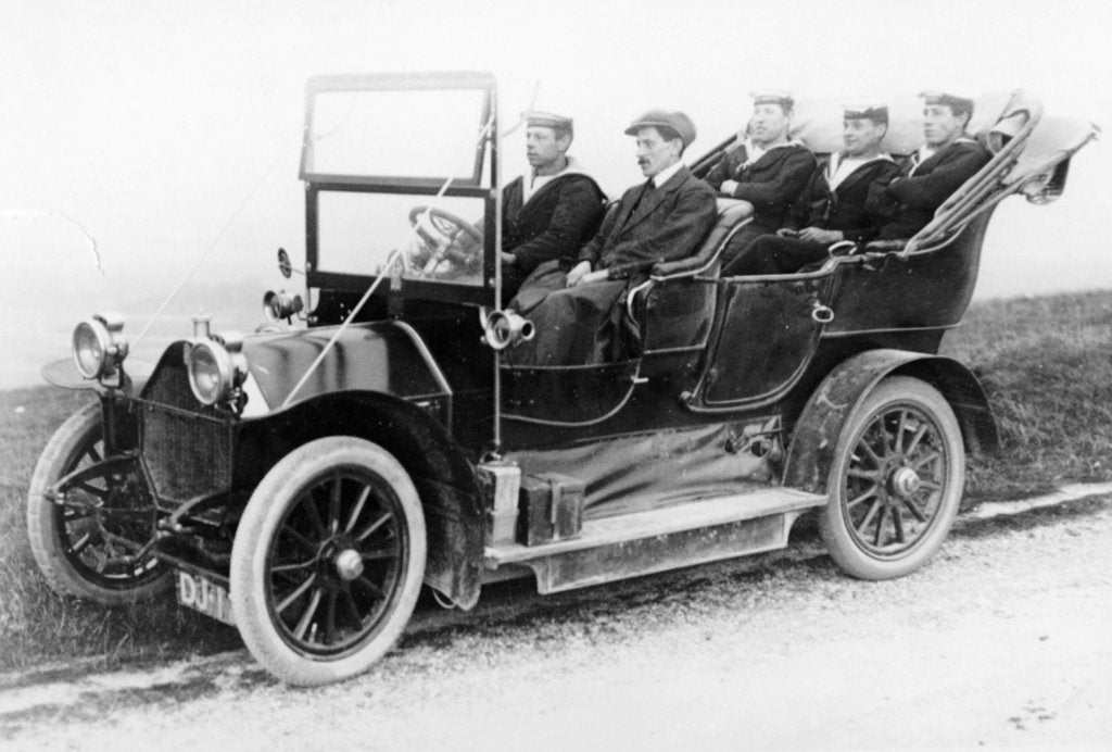 Detail of Sailors in a Humber car, c1906 by Unknown