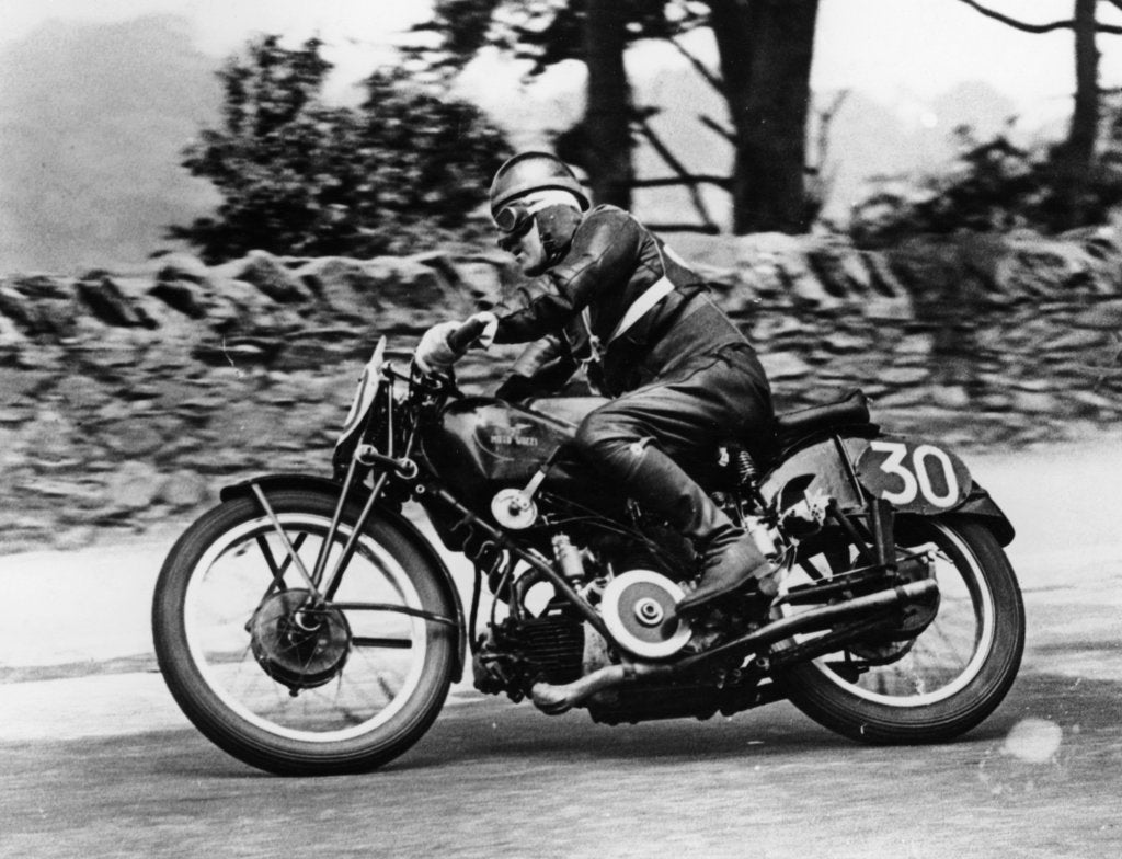 Detail of Stanley Woods on a 498cc Moto Guzzi bike, Isle of Man Senior TT, 1935 by Unknown