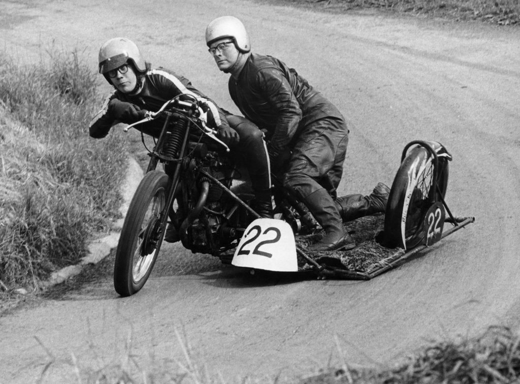 Detail of H Wilderspin taking part in the Gurston Hill Climb, on a 1936 Matchless bike, 1971 by Unknown